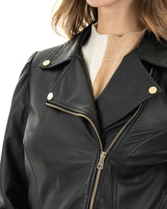 MEGAN Giacca Chiodo lungo con cintura da donna in vera pelle nero