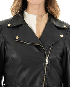 MEGAN Giacca Chiodo lungo con cintura da donna in vera pelle nero