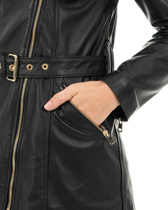 MEGAN Giacca Chiodo lungo con cintura da donna in vera pelle nero