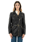 Giacca Chiodo lungo con cintura da donna in vera pelle nero