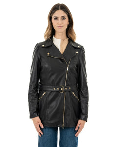 Giacca Chiodo lungo con cintura da donna in vera pelle nero
