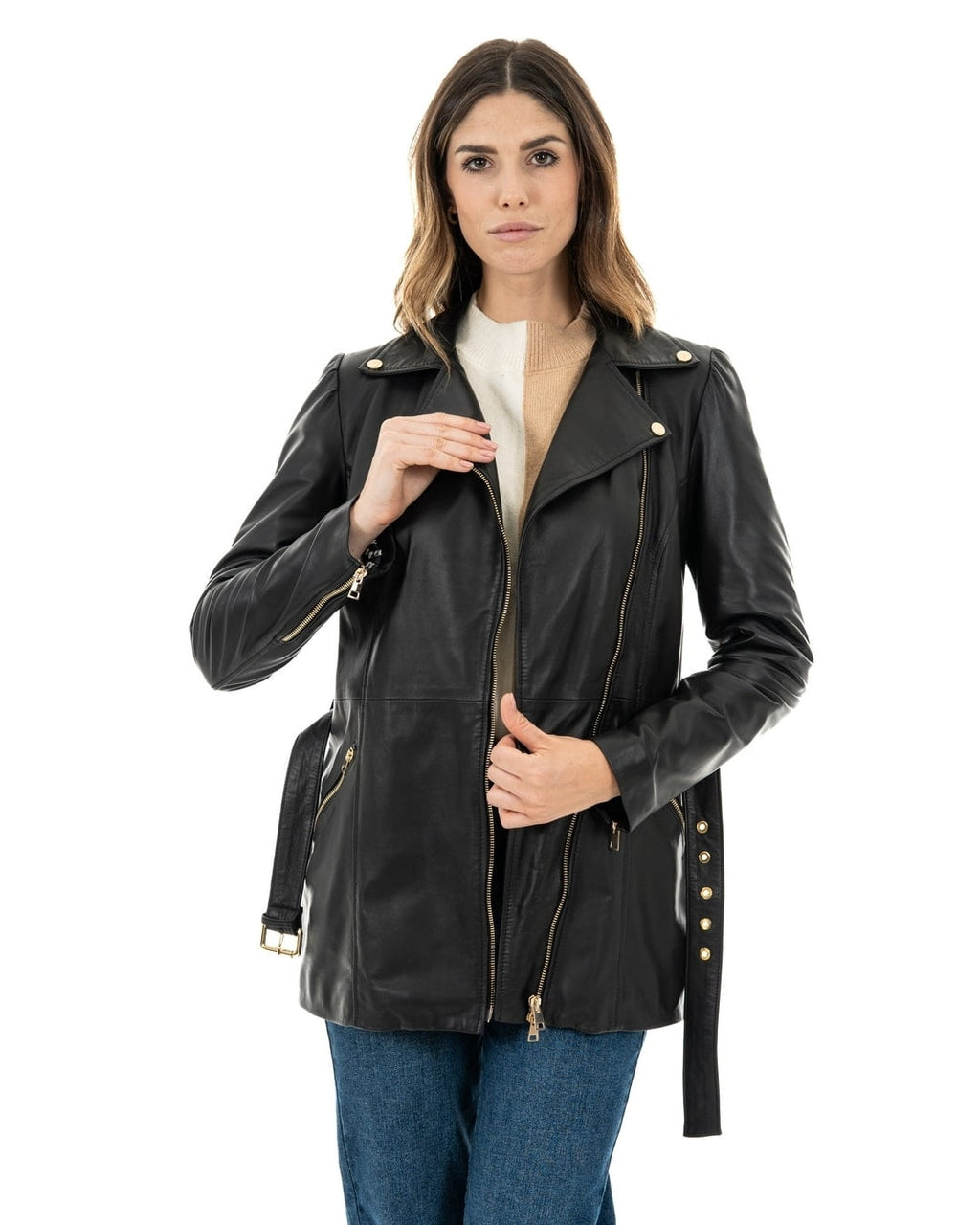 MEGAN Giacca Chiodo lungo con cintura da donna in vera pelle nero