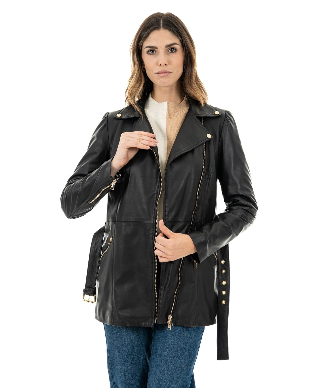 MEGAN Giacca Chiodo lungo con cintura da donna in vera pelle nero