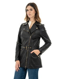 MEGAN Giacca Chiodo lungo con cintura da donna in vera pelle nero