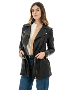 MEGAN Giacca Chiodo lungo con cintura da donna in vera pelle nero