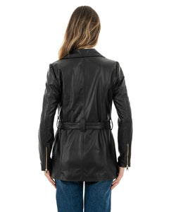 MEGAN Giacca Chiodo lungo con cintura da donna in vera pelle nero