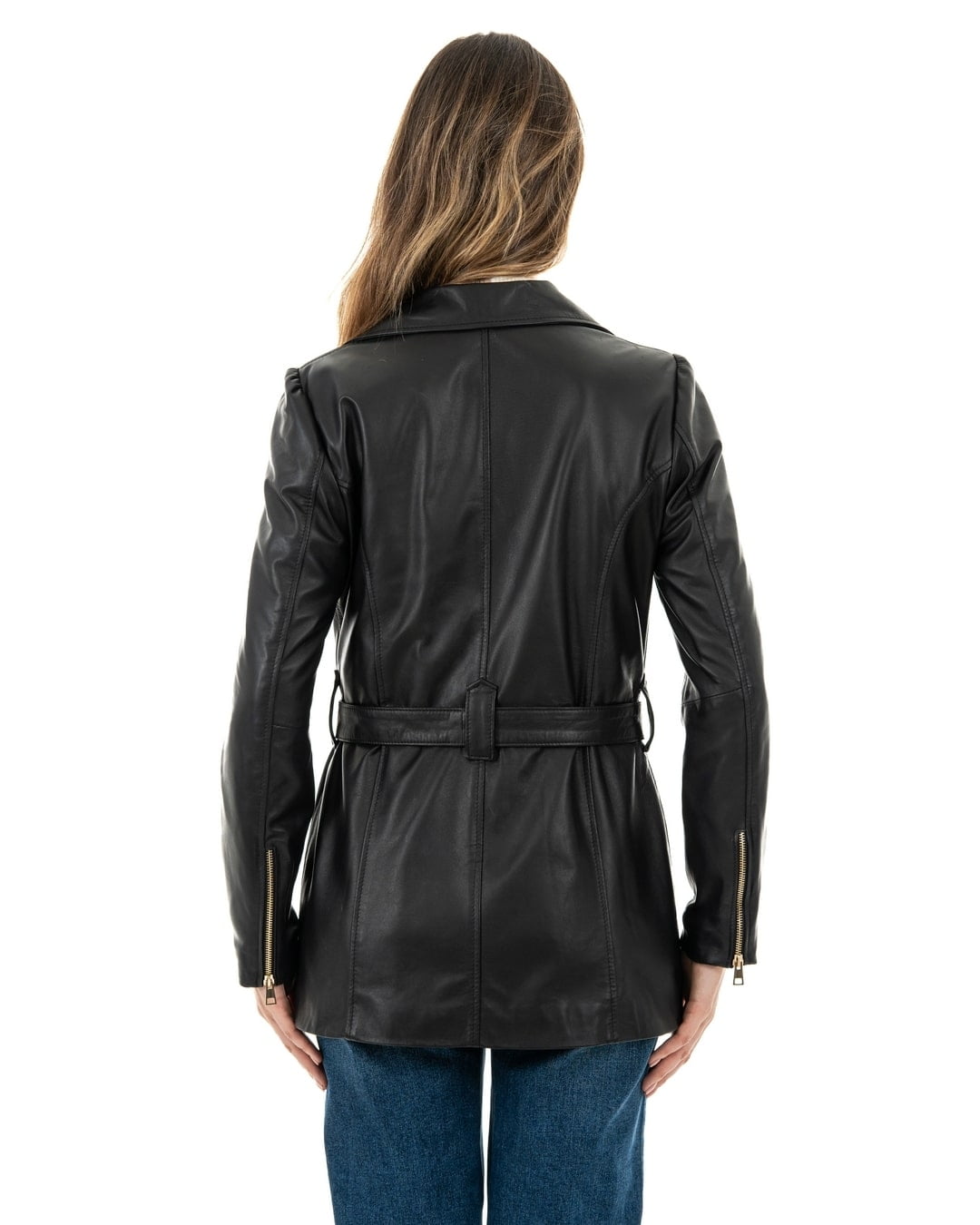 MEGAN Giacca Chiodo lungo con cintura da donna in vera pelle nero