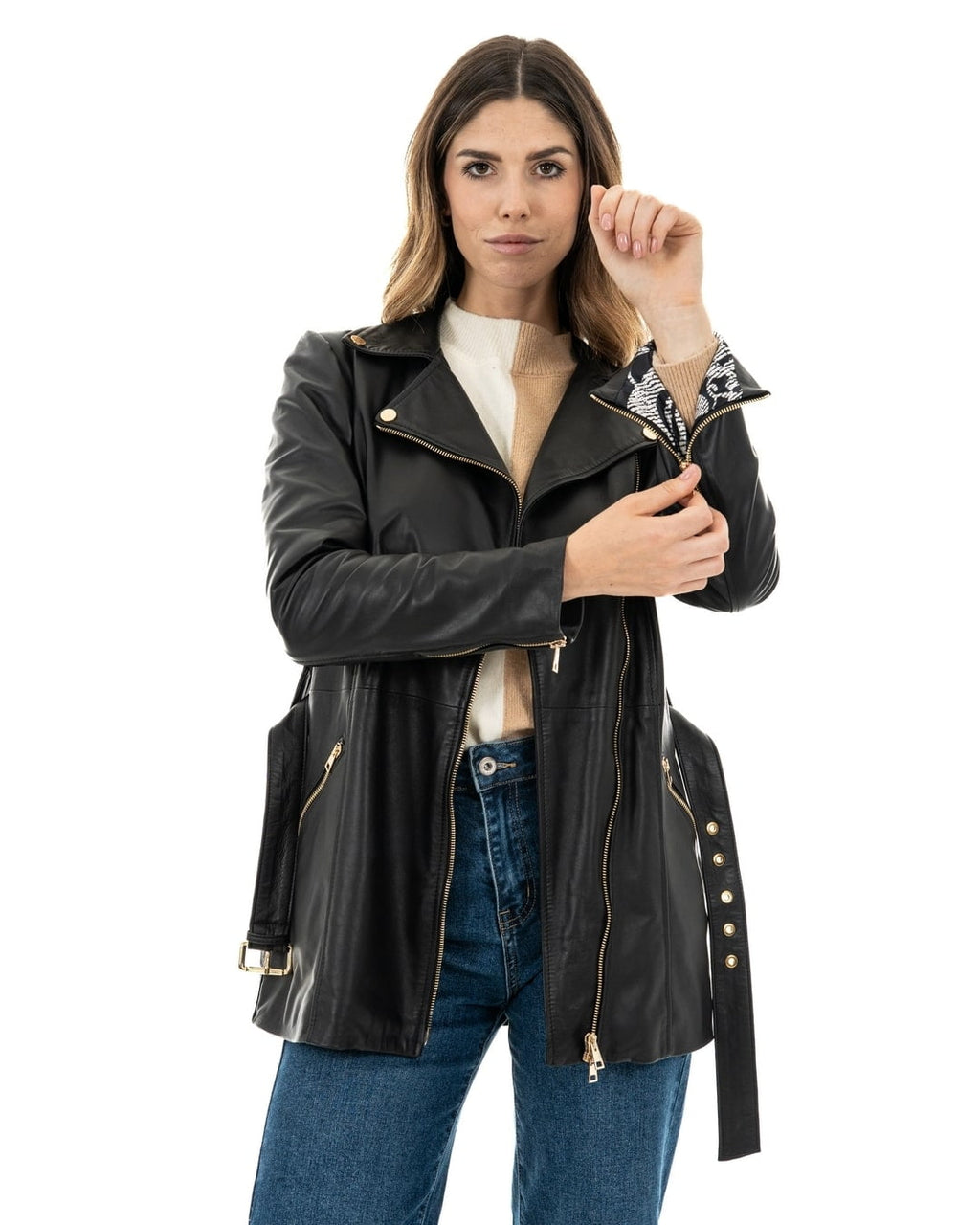 MEGAN Giacca Chiodo lungo con cintura da donna in vera pelle nero