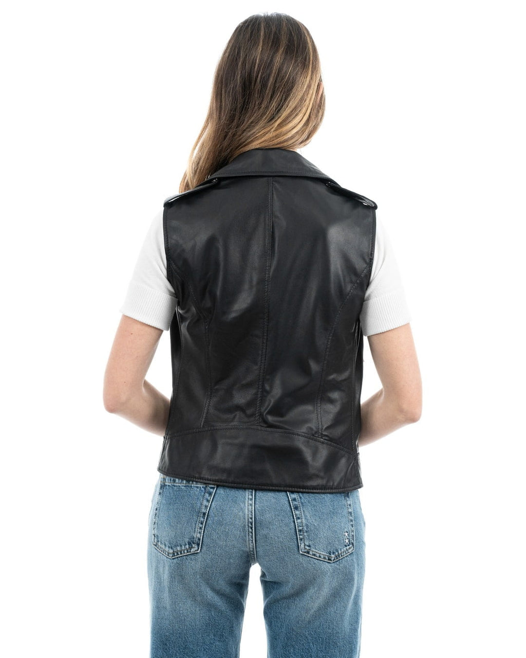 VICTORIA Gilet Chiodo Smanicato con cintura da donna in vera pelle nero