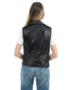 VICTORIA Gilet Chiodo Smanicato con cintura da donna in vera pelle nero