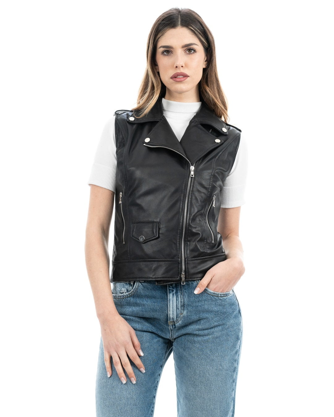 Gilet Chiodo Smanicato con cintura da donna in vera pelle nero