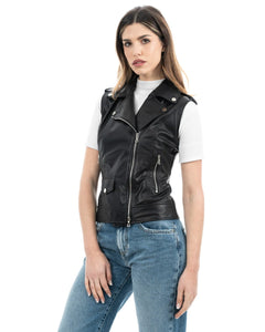 VICTORIA Gilet Chiodo Smanicato con cintura da donna in vera pelle nero