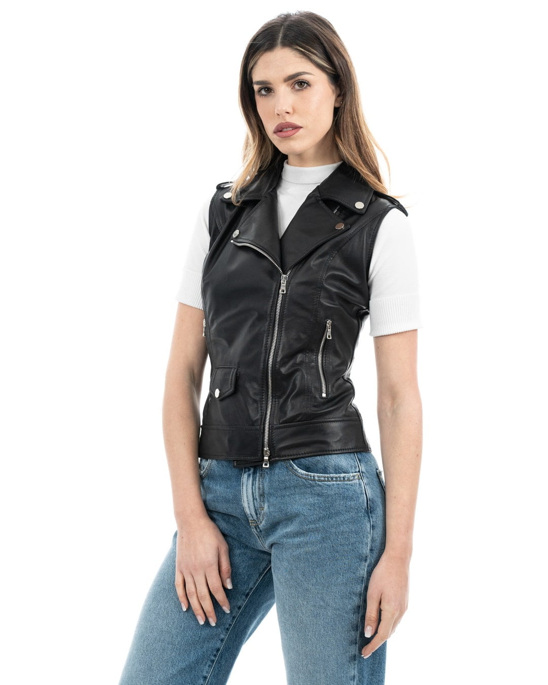 VICTORIA Gilet Chiodo Smanicato con cintura da donna in vera pelle nero