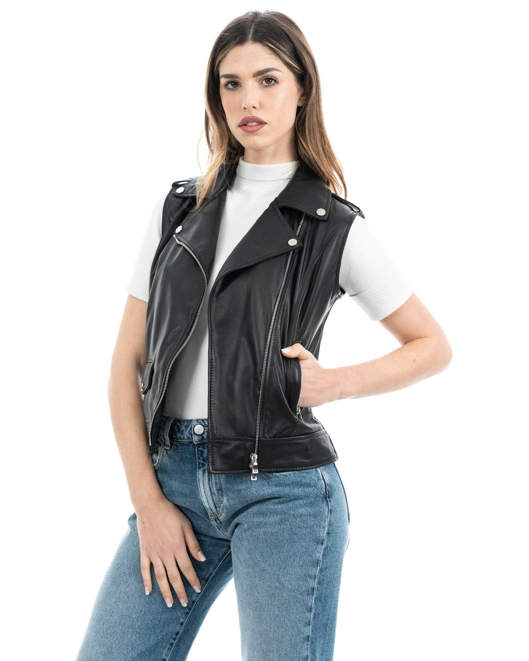 VICTORIA Gilet Chiodo Smanicato con cintura da donna in vera pelle nero