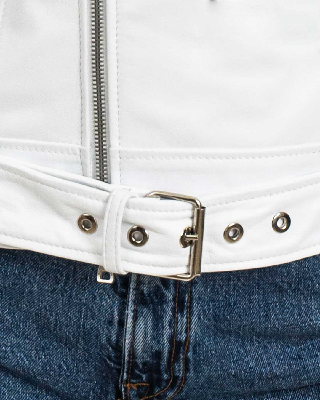 JULIA Giacca Chiodo con cintura da donna in vera pelle bianco