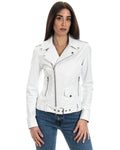 Giacca Chiodo con cintura da donna in vera pelle bianco