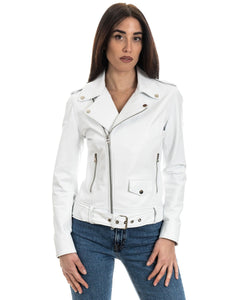 Giacca Chiodo con cintura da donna in vera pelle bianco