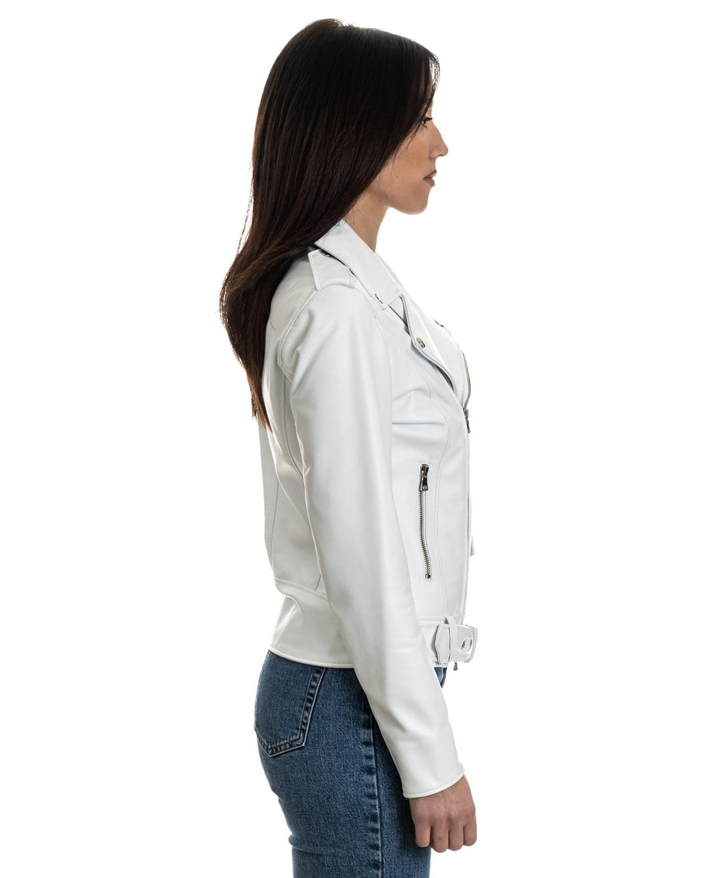 JULIA Giacca Chiodo con cintura da donna in vera pelle bianco