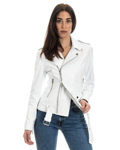 JULIA Giacca Chiodo con cintura da donna in vera pelle bianco