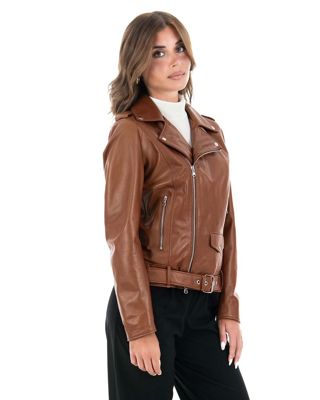 JULIA Giacca Chiodo con cintura da donna in vera pelle cuoio