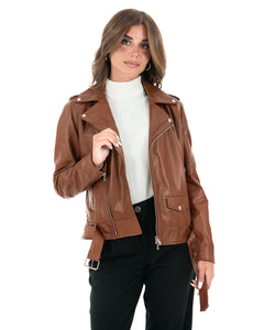 JULIA Giacca Chiodo con cintura da donna in vera pelle cuoio