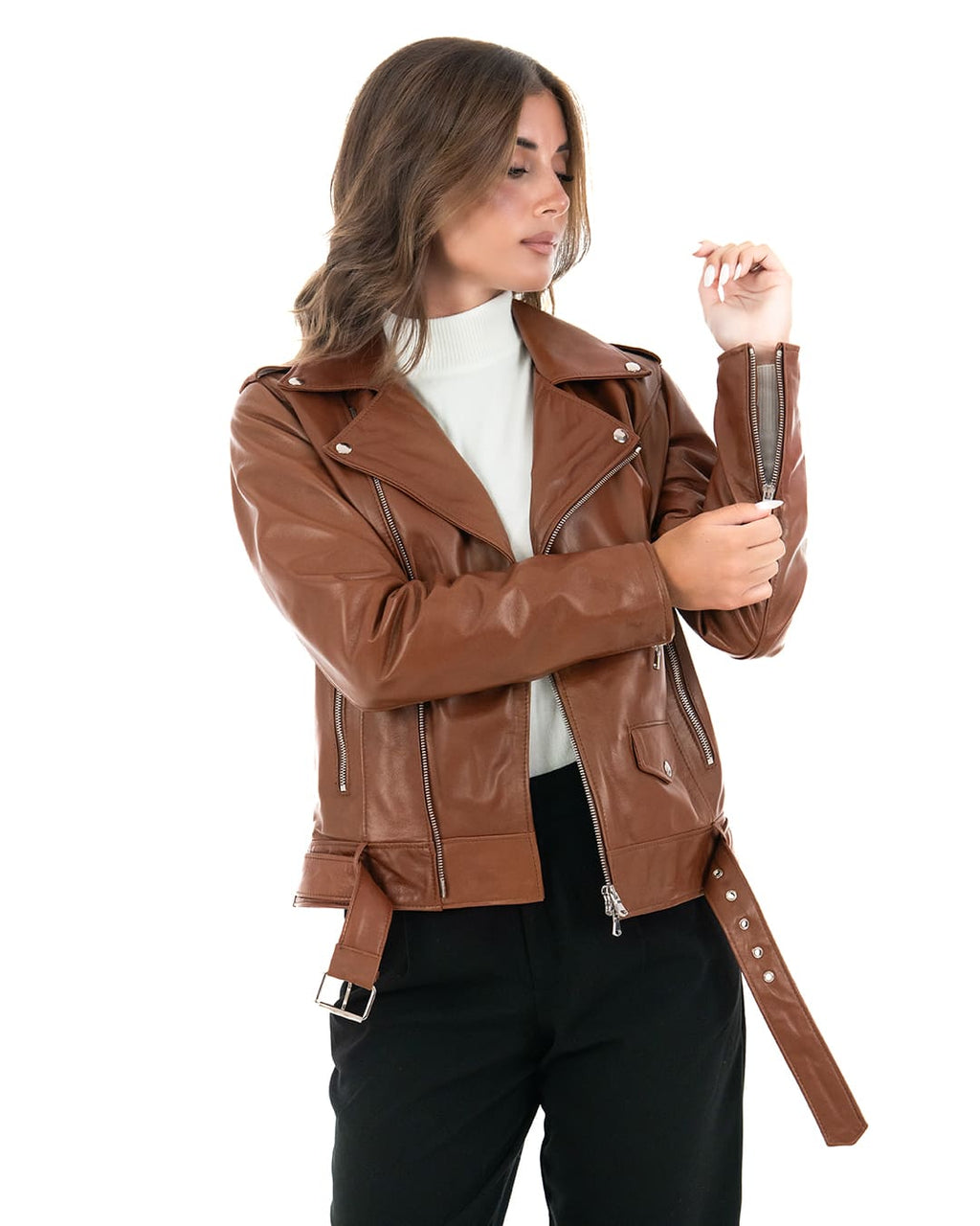 JULIA Giacca Chiodo con cintura da donna in vera pelle cuoio