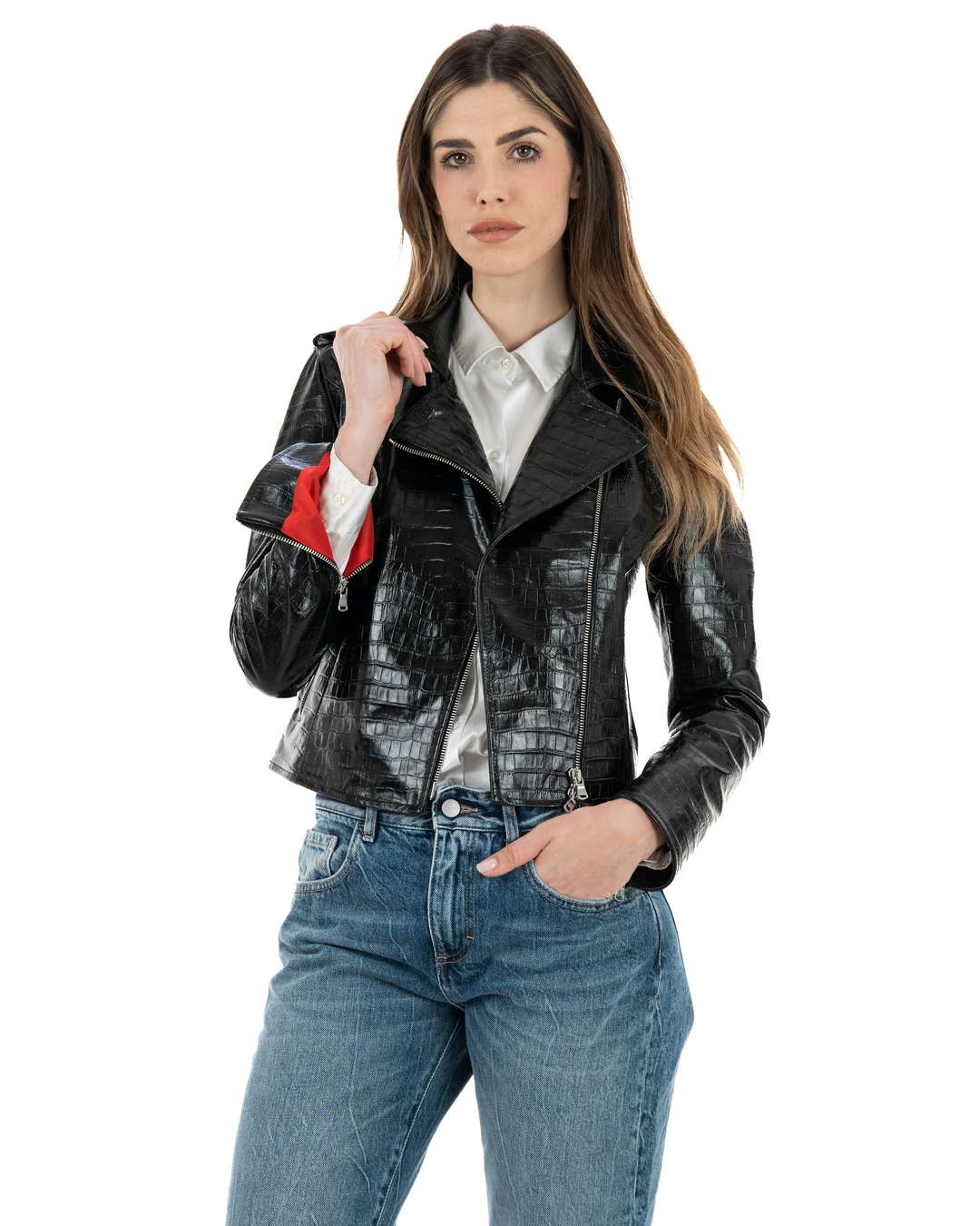 GEMMA Giacca Chiodo corto da donna in vera pelle nero effetto cocco
