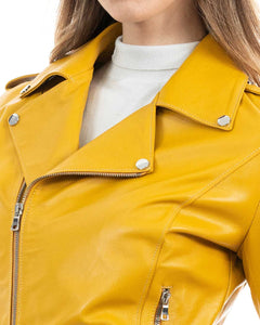 JULIA Giacca Chiodo con cintura da donna in vera pelle ocra