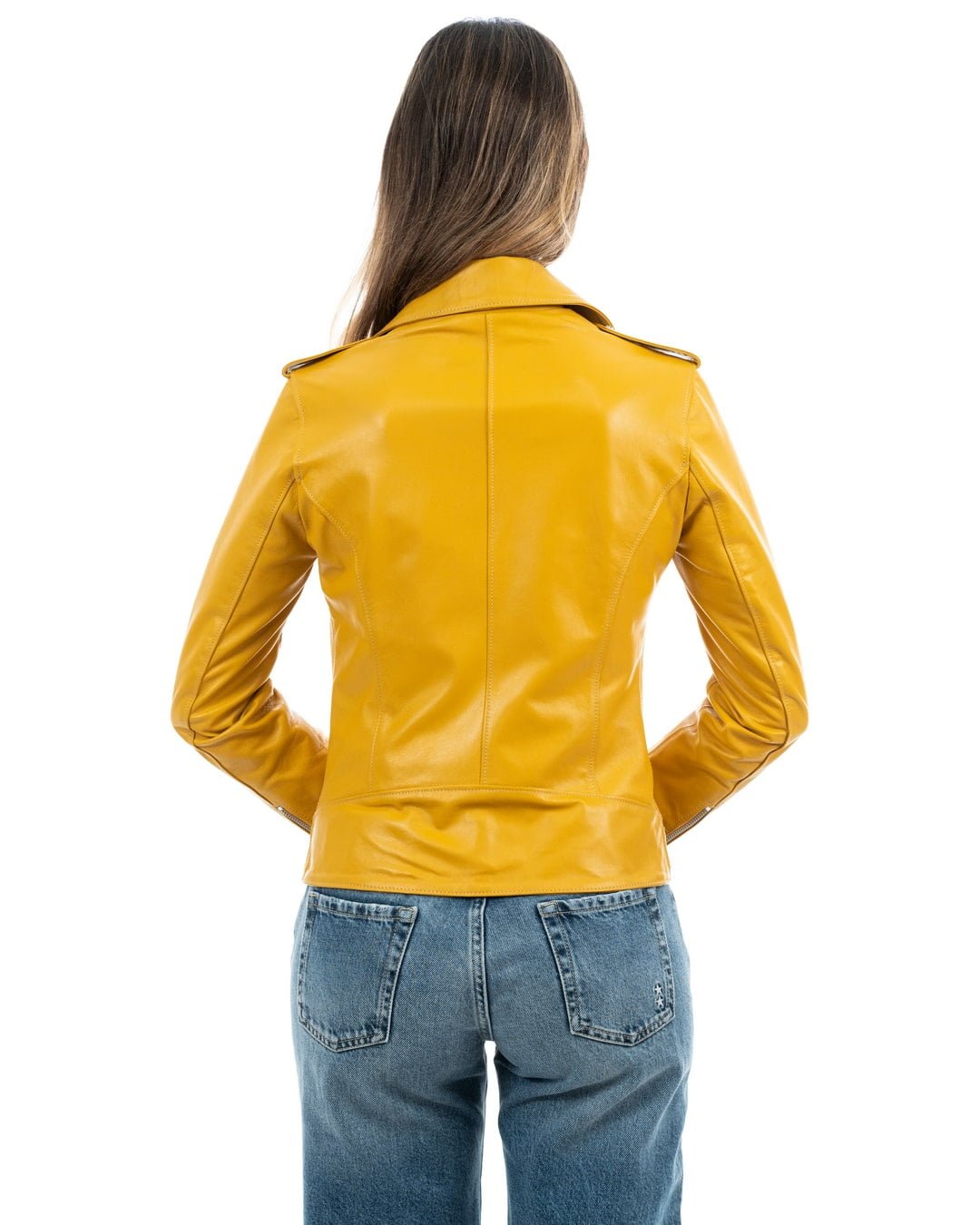 JULIA Giacca Chiodo con cintura da donna in vera pelle ocra