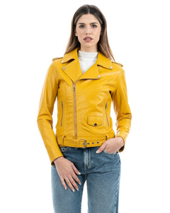JULIA Giacca Chiodo con cintura da donna in vera pelle ocra