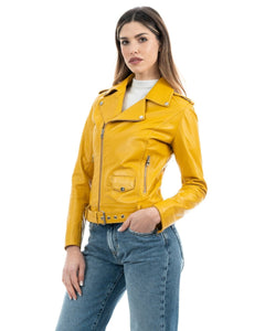 JULIA Giacca Chiodo con cintura da donna in vera pelle ocra