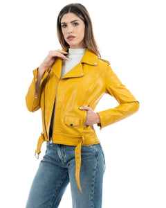 JULIA Giacca Chiodo con cintura da donna in vera pelle ocra
