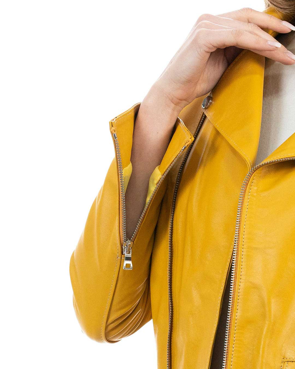 JULIA Giacca Chiodo con cintura da donna in vera pelle ocra