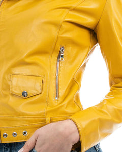 JULIA Giacca Chiodo con cintura da donna in vera pelle ocra