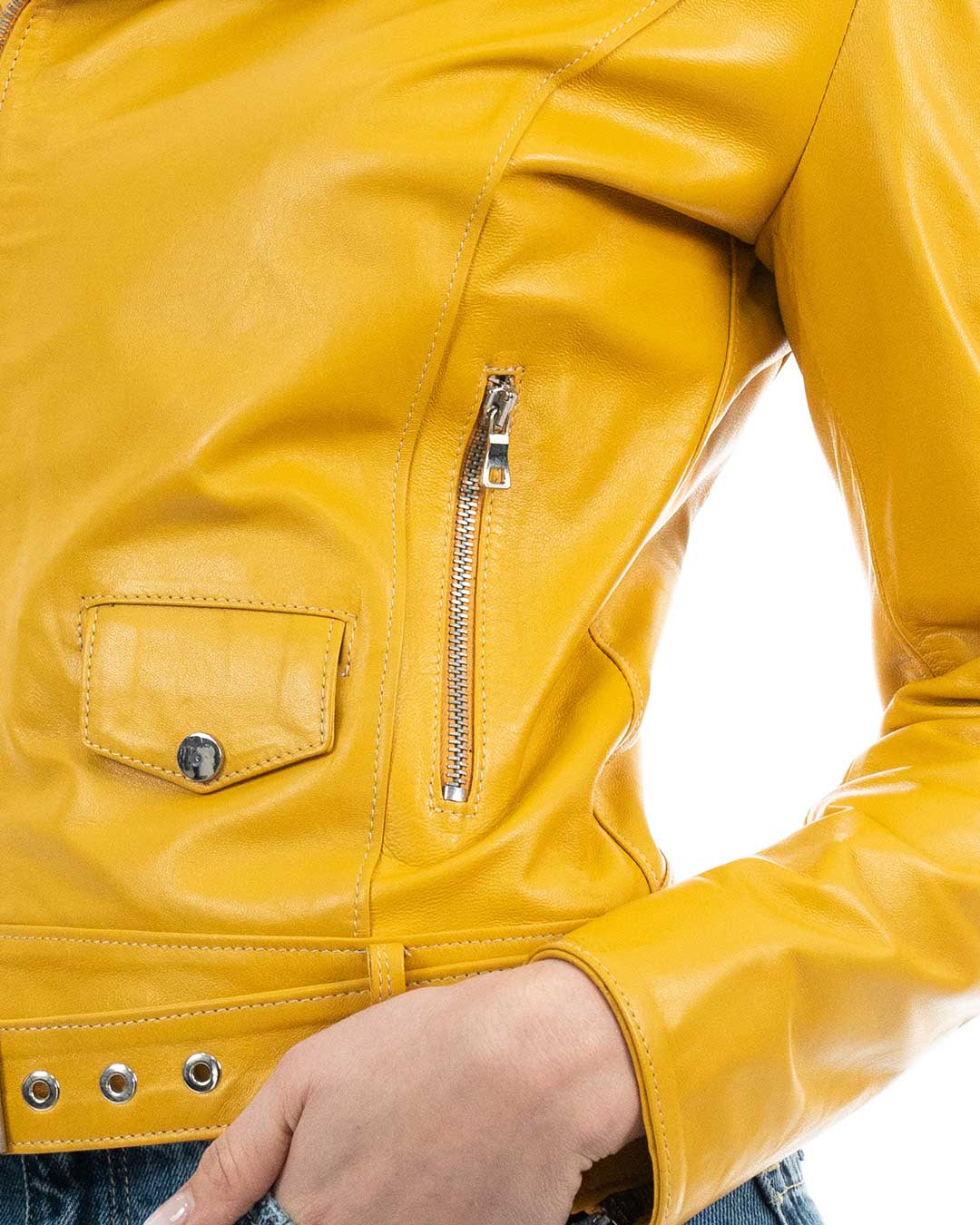 JULIA Giacca Chiodo con cintura da donna in vera pelle ocra