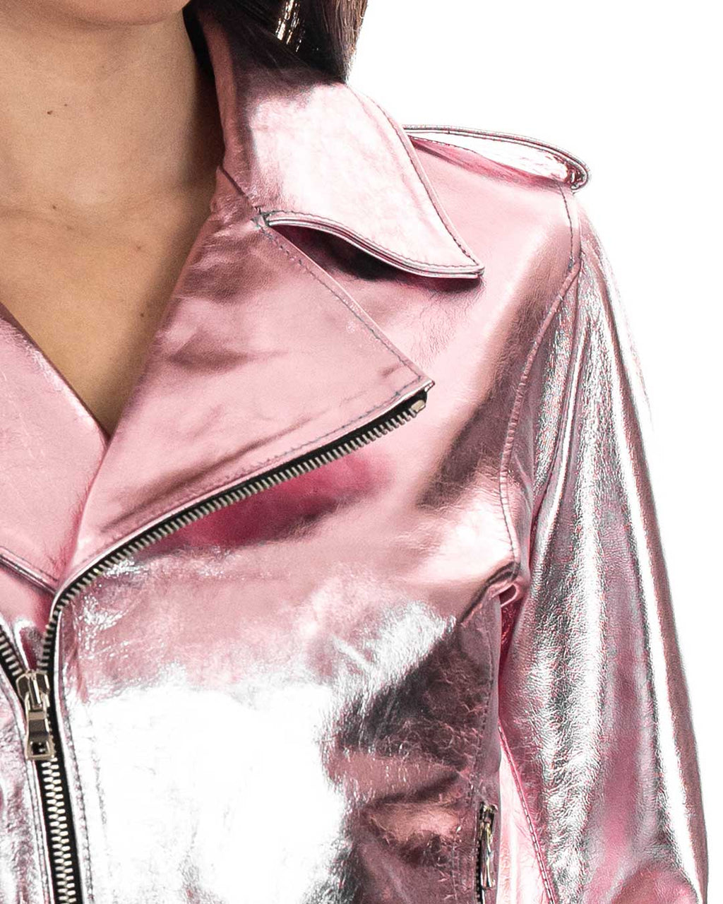 CATHERINE Giacca Chiodo da donna in vera pelle laminata rosa
