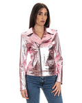 Giacca Chiodo da donna in vera pelle laminata rosa
