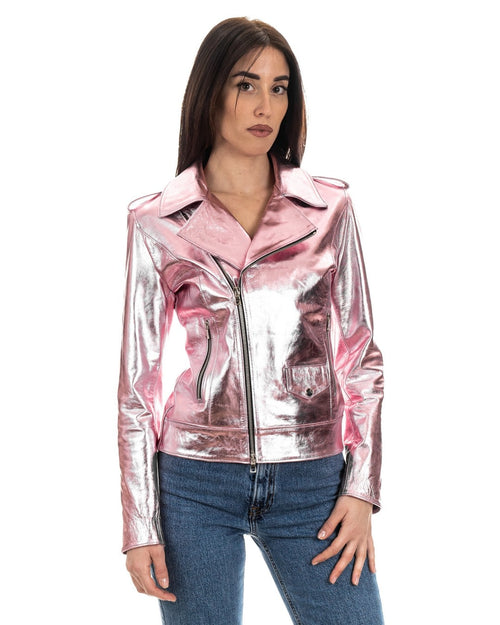 Giacca Chiodo da donna in vera pelle laminata rosa