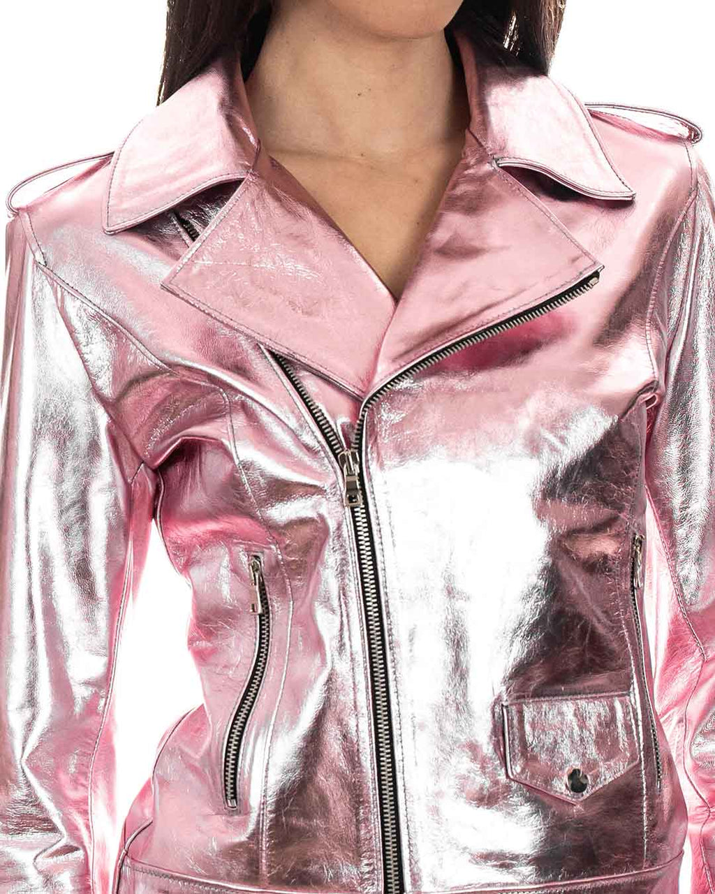 CATHERINE Giacca Chiodo da donna in vera pelle laminata rosa