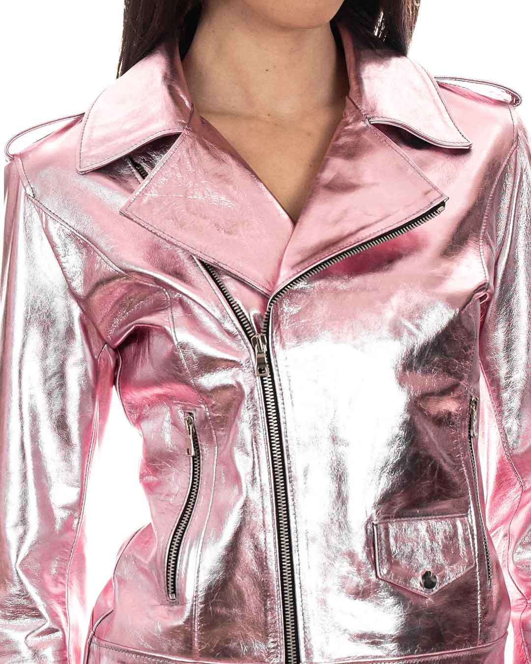 CATHERINE Giacca Chiodo da donna in vera pelle laminata rosa