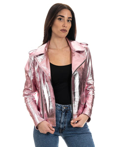 CATHERINE Giacca Chiodo da donna in vera pelle laminata rosa