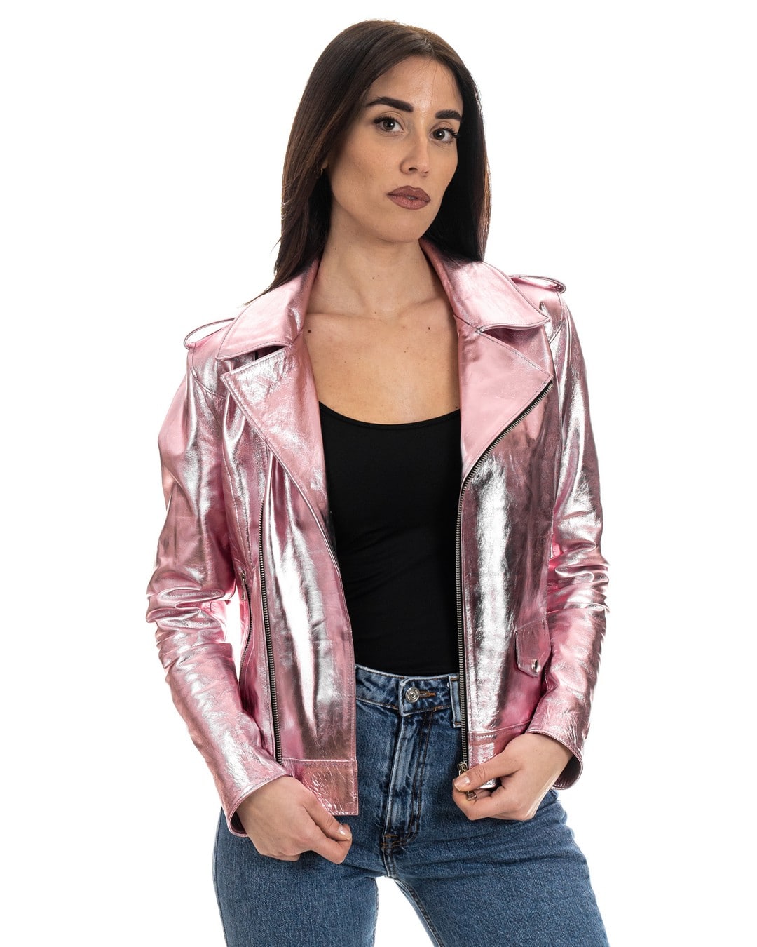 CATHERINE Giacca Chiodo da donna in vera pelle laminata rosa