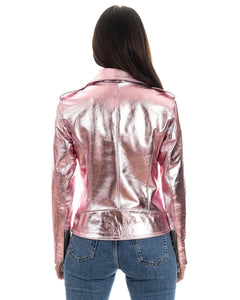 CATHERINE Giacca Chiodo da donna in vera pelle laminata rosa
