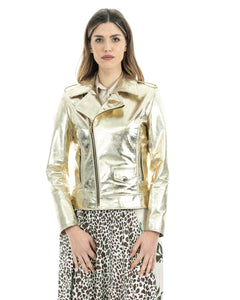 Giacca Chiodo da donna in vera pelle laminata oro