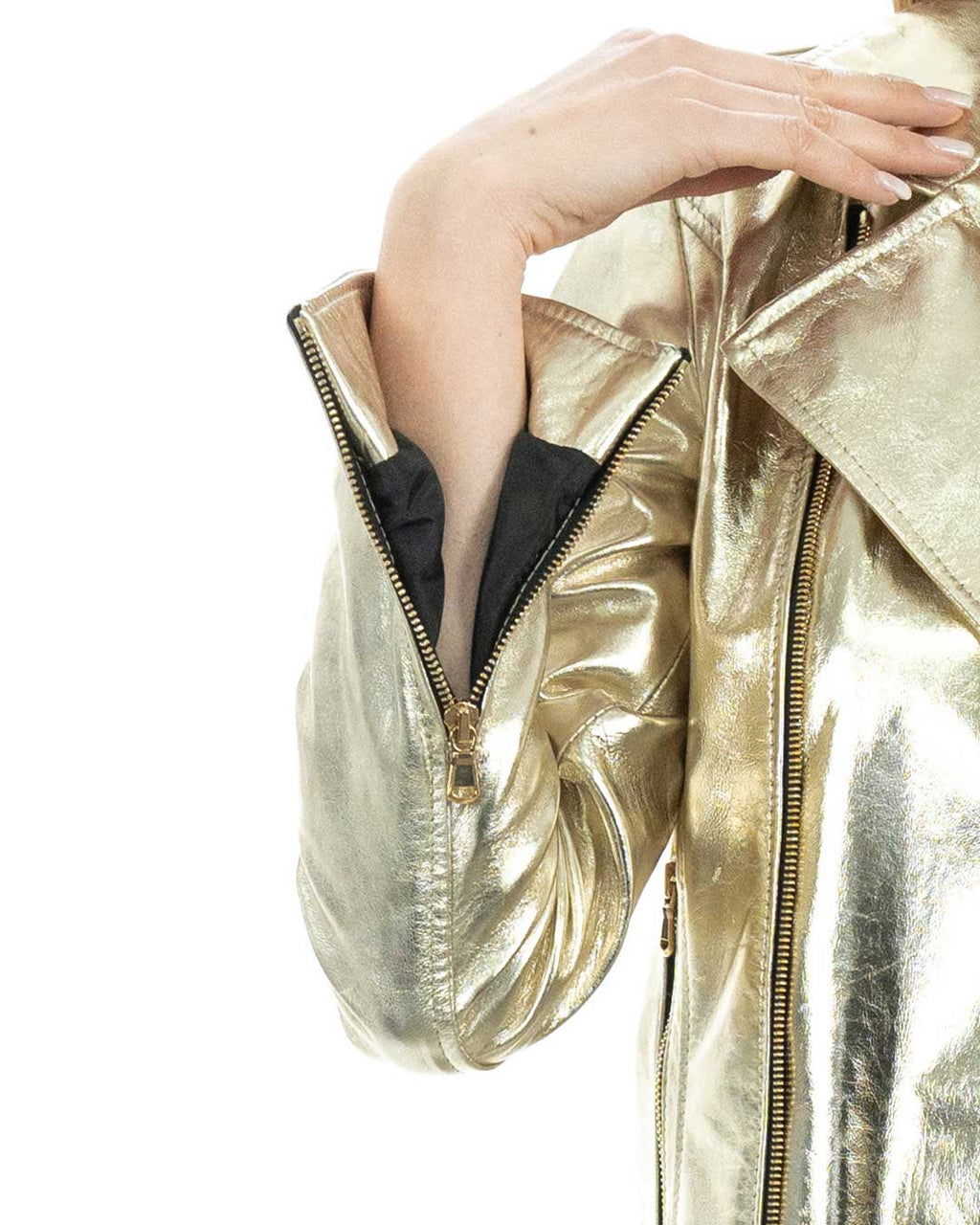 CATHERINE Giacca Chiodo da donna in vera pelle laminata oro