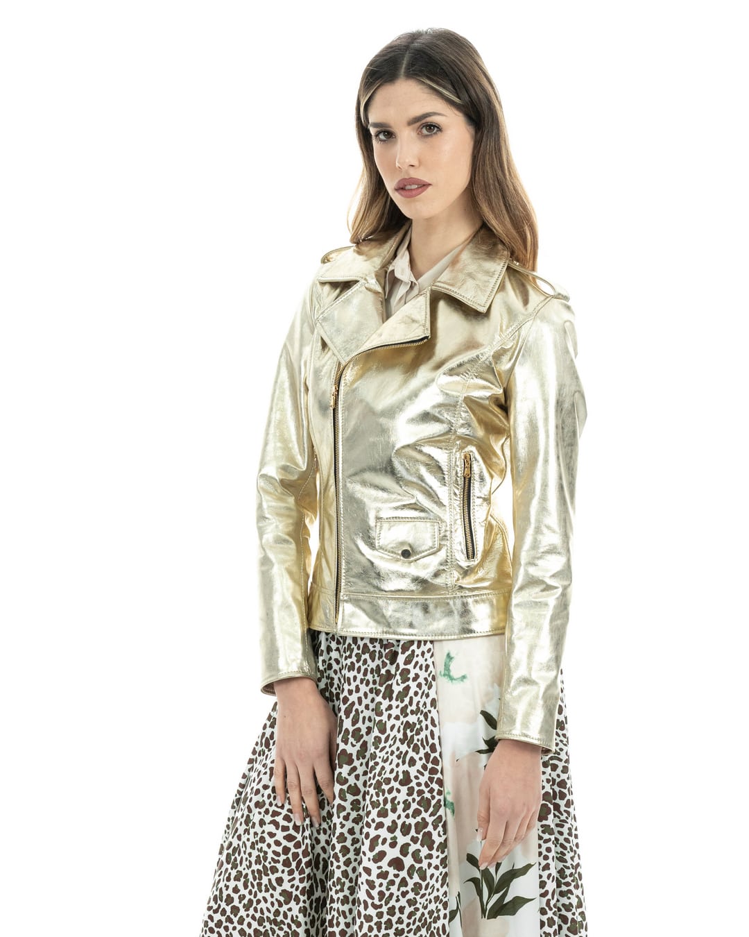 CATHERINE Giacca Chiodo da donna in vera pelle laminata oro