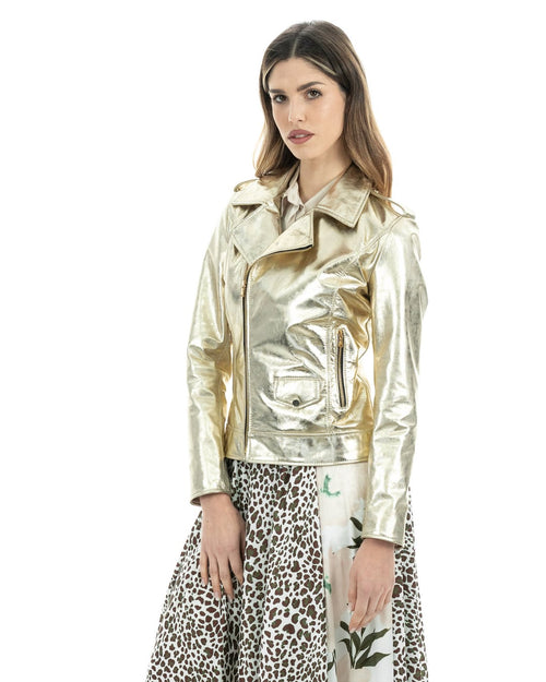 CATHERINE Giacca Chiodo da donna in vera pelle laminata oro