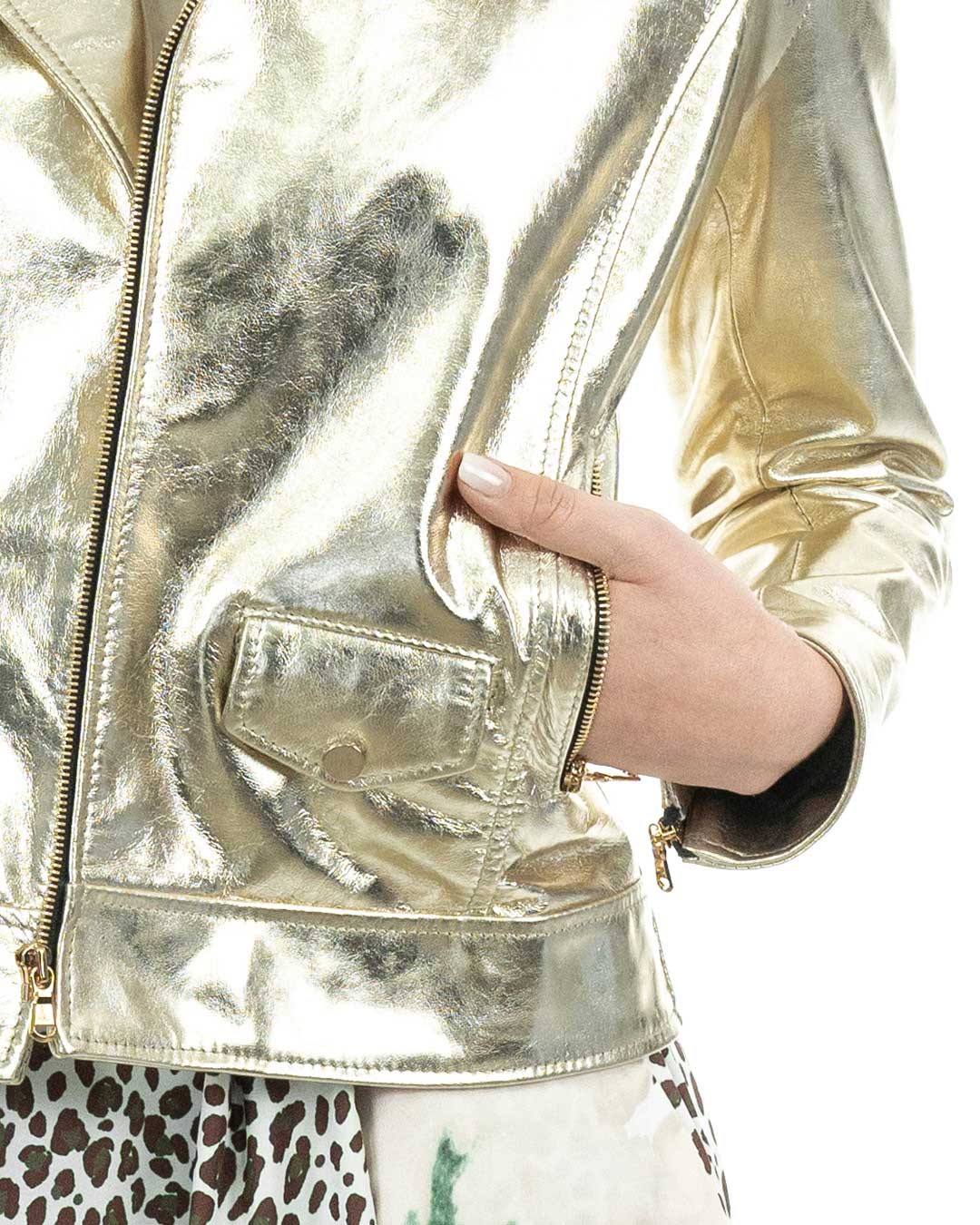 CATHERINE Giacca Chiodo da donna in vera pelle laminata oro