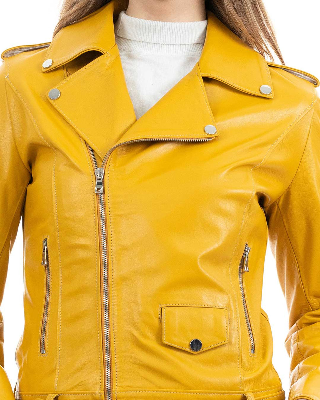 JULIA Giacca Chiodo con cintura da donna in vera pelle ocra