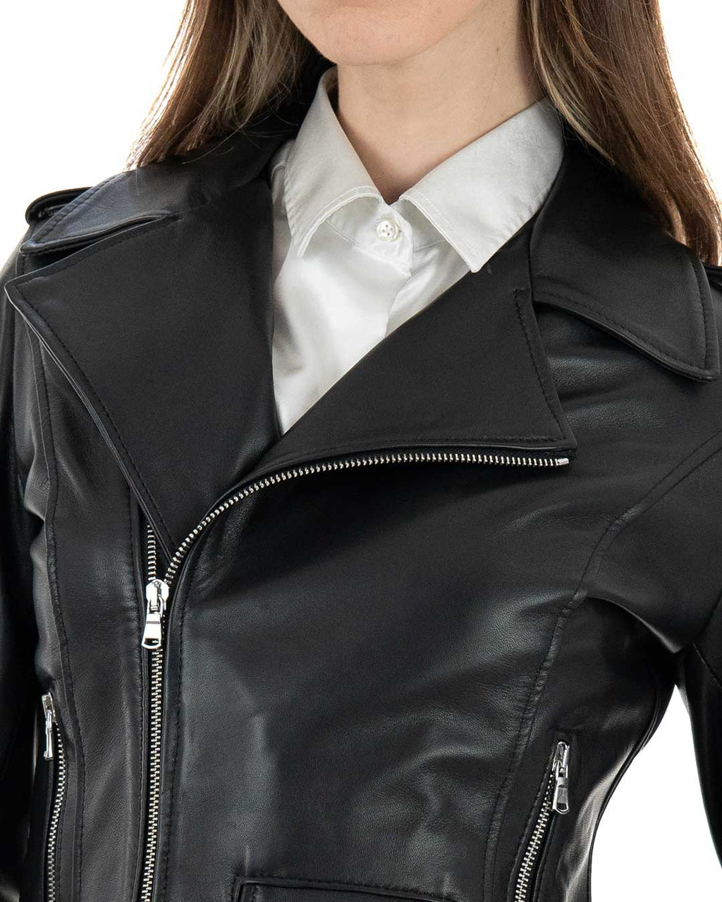 CATHERINE Giacca Chiodo da donna in vera pelle nero